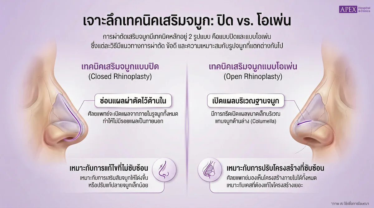 เปรียบเทียบเสริมจมูกแบบปิด กับเทคนิคโอเพ่น